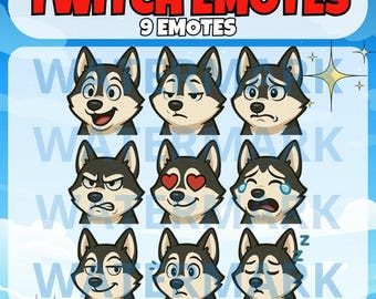 Cartoon dark husky twitch emote set with 9 emotes - cute emote for Twitch Discord Youtube Tiktok Streams - kawaii grey husky twitch emotes