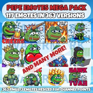 Op de afbeelding: Een digitale illustratie van Pepe the Frog in verschillende poses en uitdrukkingen. De afbeelding bevat tekst die "Pepe Emotes Mega Pack 117 Emotes in 363 Versions" zegt.