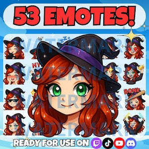 Puede incluir: Gráfico digital con una bruja pelirroja con ojos verdes, que lleva un sombrero de bruja negro y morado. La imagen incluye el texto "53 Emotes!" y "Ready for use on" con iconos de redes sociales. Se muestran varios emotes con temática de brujas.