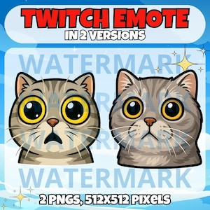 Emote de gato atigrado gris sorprendido en Twitch - lindo emote para Twitch Discord Youtube Tiktok Stream - Divertido emote de gato sorprendido - 2 versiones del emote