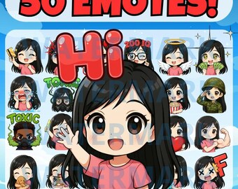 Chibi black haired girl twitch emote, girl emote for Twitch, chibi girl emotes, black hair emotes, chibi girl, Discord emotes, twitch emote