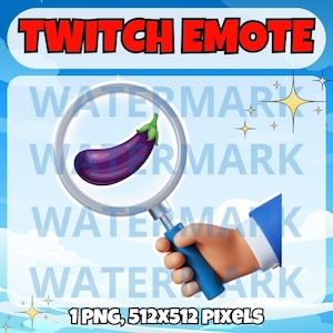 May include: A purple aubergine emoji being examined through a magnifying glass held by a cartoon hand. The background is a blue sky with white clouds and sparkling stars. The text "TWITCH EMOTE" is at the top of the image.