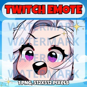 Emote chibi fille aux cheveux blancs - adorable emote pour Twitch Discord Youtube Kick Streams - emote visage de fille kawaii - cheveux blancs, yeux violets
