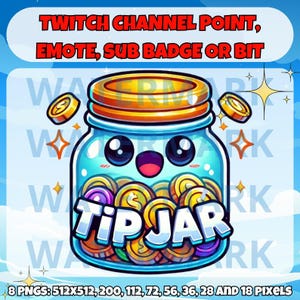 Op de afbeelding: Een cartoonillustratie van een blauwe glazen pot met een glimlachend gezicht en een geel deksel. De pot is gevuld met gouden munten en de tekst "TIP JAR" staat in grote, kleurrijke letters op de voorkant van de pot. De afbeelding is een Twitch-kanaalpunt, een emoji, een abonnementsbadge of een bit.