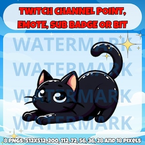 Puede incluir: Un gato de dibujos animados negro con ojos grandes y cola enroscada, acostado boca abajo con las patas extendidas. El gato está sobre un fondo nublado azul y blanco con el texto "TWITCH CHANNEL POINT, EMOTE, SUB BADGE OR BIT" en la parte superior y "WATERMARK" repetido cuatro veces en el fondo.