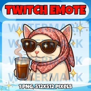Cool white cat twitch emote - cute emote for Twitch Discord Youtube Kick Stream - cute kitten emote - Kawaii white cat with coffee emote