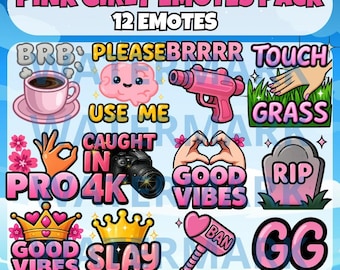 Flickigt rosa twitch-emote-set med 12 emotes - rolig emote för Twitch, Discord, Youtube, Tiktok, Streams - kawaii-rosa twitch-emotes för kvinnor