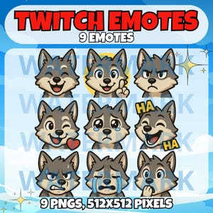 Cartoon gray wolf twitch emote set with 9 emotes - cute emote for Twitch Discord Youtube Tiktok Streams - kawaii grey wolf twitch emotes
