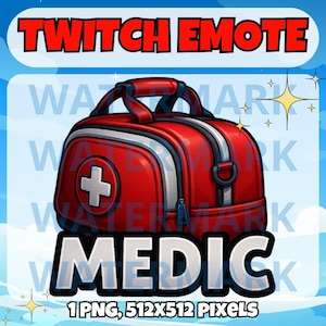 May include: A red and white medical bag with a white plus sign on the front. The bag is labeled "MEDIC" in white letters with a black outline. The image is a Twitch emote, 512x512 pixels.