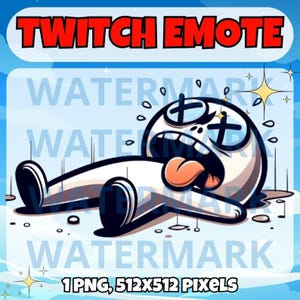 May include: A white cartoon character with a red tongue sticking out lies on its back with its eyes crossed out. The character has a white background with blue clouds and sparkles.