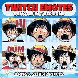 One Piece Luffy twitch emote set with 6 emotes - anime emote for Twitch Discord Youtube Tiktok Streams - Luffy One Piece anime twitch emotes