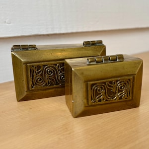 Pair of Antique Art Nouveau Brass Boxes, c1900 – Vienna Secession Jugendstil Design, Heavy Cast Stamp / Trinket Desk Box Set