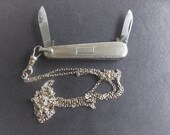 Antique Pocket Knife Necklace, Rolled Gold Gentlemans Pen Knife, Etched two blade Knife Pendant, Vintage Chain with Watch Hook