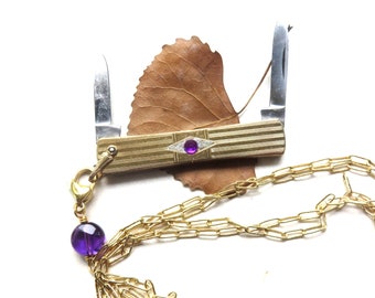 Vintage Pocket Knife, Pocket Knife Necklace, Amethyst Bea, Paperclip Chain