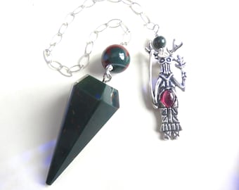 Heliotrope Bloodstone Pendulum, Sterling Oval Link Chain, Wellstone Sterling Medicine Healer Pendant with a Garnet