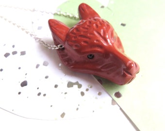 Red Jasper Wolf, Sterling Chain, Carved Wolf Head Pendant