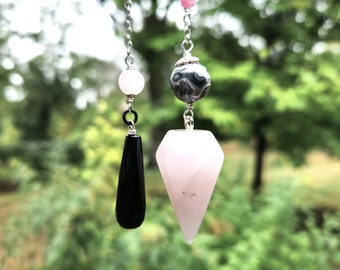 Rose Quartz Pendulum, Picasso Jasper, Mystic Agate & Pink Tourmaline beads, Sterling Chain, Black Onyx Teardrop