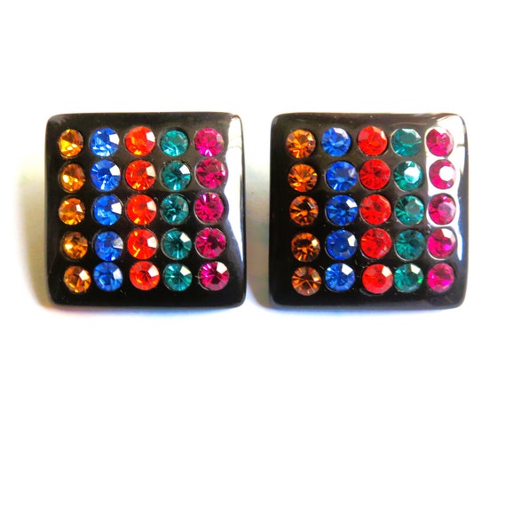 1980s Clip Earrings, Plastic and Rhinestone from … - image 1