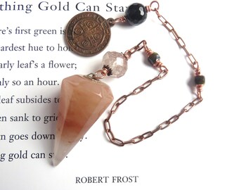 Red Rutilated Quartz Pendulum, Solid Copper Chain, Rutilated Quartz Rondelle, Obsidian & Onyx Beads, Vintage Copper St. Benedict Medal
