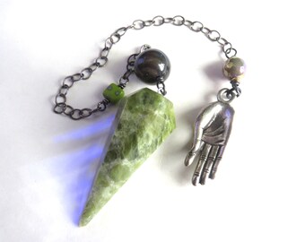 Vesuvianite Pendulum, Agate, Czech and Mystic Jasper Beads, Oxidized Sterling Chain, Yoga Hand, Mudra Charm