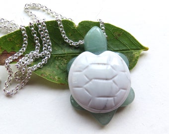 Turtle Pendant, Aventurine, Howlite, Sterling Chain