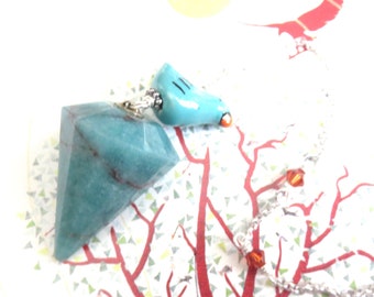 Amazonite Pendulum, Glass Bird Charm, Real Pearl, Swarovski Crystals, Turquoise, Sterling Chain, Fairy Charm