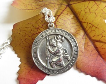 Sterling saint Christopher Medal,  Vintage Saint Medal, Chapel Sterling, Sterling Peter Stone Chain