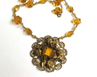 Art Deco Yellow Glass & Brass Necklace