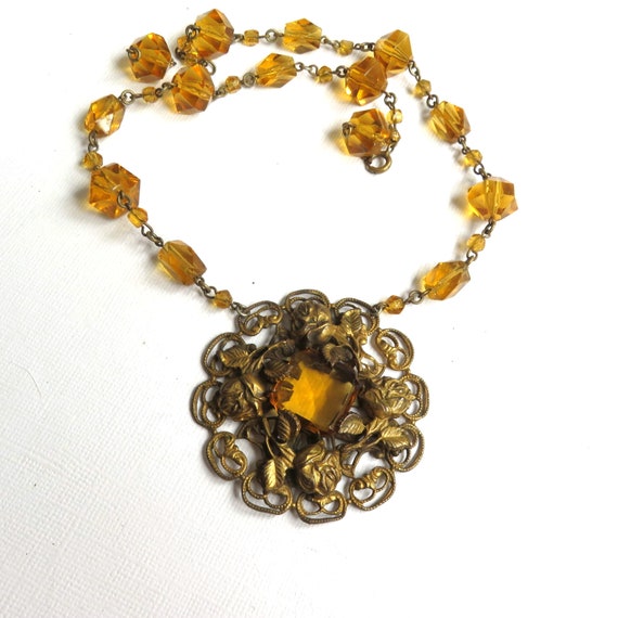 Art Deco Yellow Glass & Brass Necklace