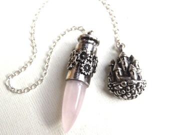 Rose Quartz Pendulum, Sterling Chain, Castle Charm