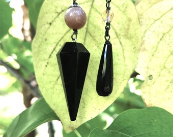 Black Tourmaline Pendulum, Sunstone, Swarovski Crystal & Art Deco Crystal Beads, Black Chain, Onyx Teardrop