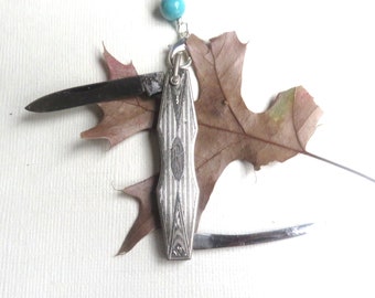 Vintage Pocket Knife, Sterling Chain, Meriden Knife, USA, Turquoise Bead