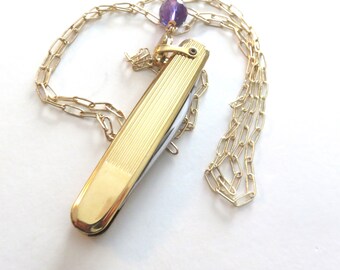 Vintage Pocketknife Pendant, Amethyst Bead, Paper clip Style Chain, Old New Stock Knife