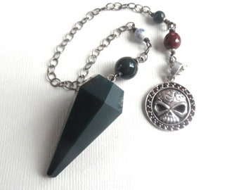 Bloodstone Pendulum, Heliotrope, Sterling Skull Pendant Red Stones, Bloodstone and Crab Fire Agate Gemstone Beads, Oxidized Sterling Chain