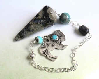 Que Sera Pendulum, Sterling Chain, Turquoise Beads, Buffalo Charm