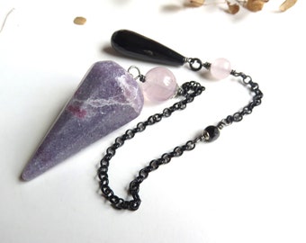 Lepidolite pendulum, Madagascar Rose Quartz Bead, Black Copper fill Chain, Faceted Spinel Bead, Onyx Teardrop, Peace, Love & Harmony