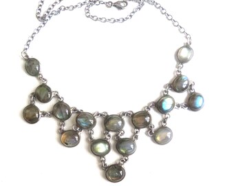 Antique Labradorite Festoon Necklace, Sterling Bib Necklace, Labradorite Sterling Antique Necklace