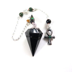 Black Tourmaline Pendulum -Harmony & Wisdom -  Wellstone Sterling Ankh Pendant