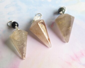 Rutilated Quartz Pendulum Pendants, Small Gemstone Bead, Stainless Chain