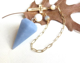 Angelite Pendulum, Antique Mother of Pearl, Cross Charm