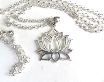 Sterling Lotus Blossom Pendant, Sterling Rolo Chain, Lotus Pendant, Yoga Meditation Jewelry