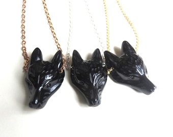 Black Agate Wolf Head Pendant, Choose Chain, Solid Copper, Sterling or Brass
