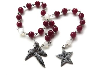 Prayer beads, Ruby & Selenite, Star and Hummingbird Charms