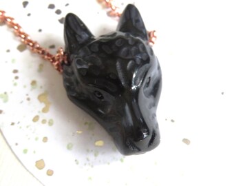 Obsidian Wolf Head Pendant, Heavy Copper Plated Chain, Wolf Totem