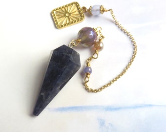 Iolite Pendulum, Brass Rolo Chain, Sunburst Charm