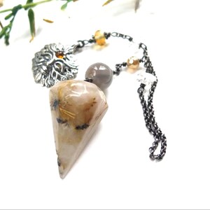 Rutilated Quartz Pendulum with Herkimer Diamonds , Sterling Silver Chain ,Wellstone Green Man Pendant