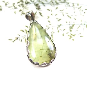 Prehnite & Sterling Silver Pendant, Hand Crafted Sterling Leaves