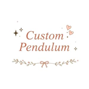 May include: A graphic design featuring the text Custom Pendulum in a brown serif font. The design is decorated with two small brown hearts, four-pointed star icons, and a thin line drawing of a floral vine centered with a small bow.