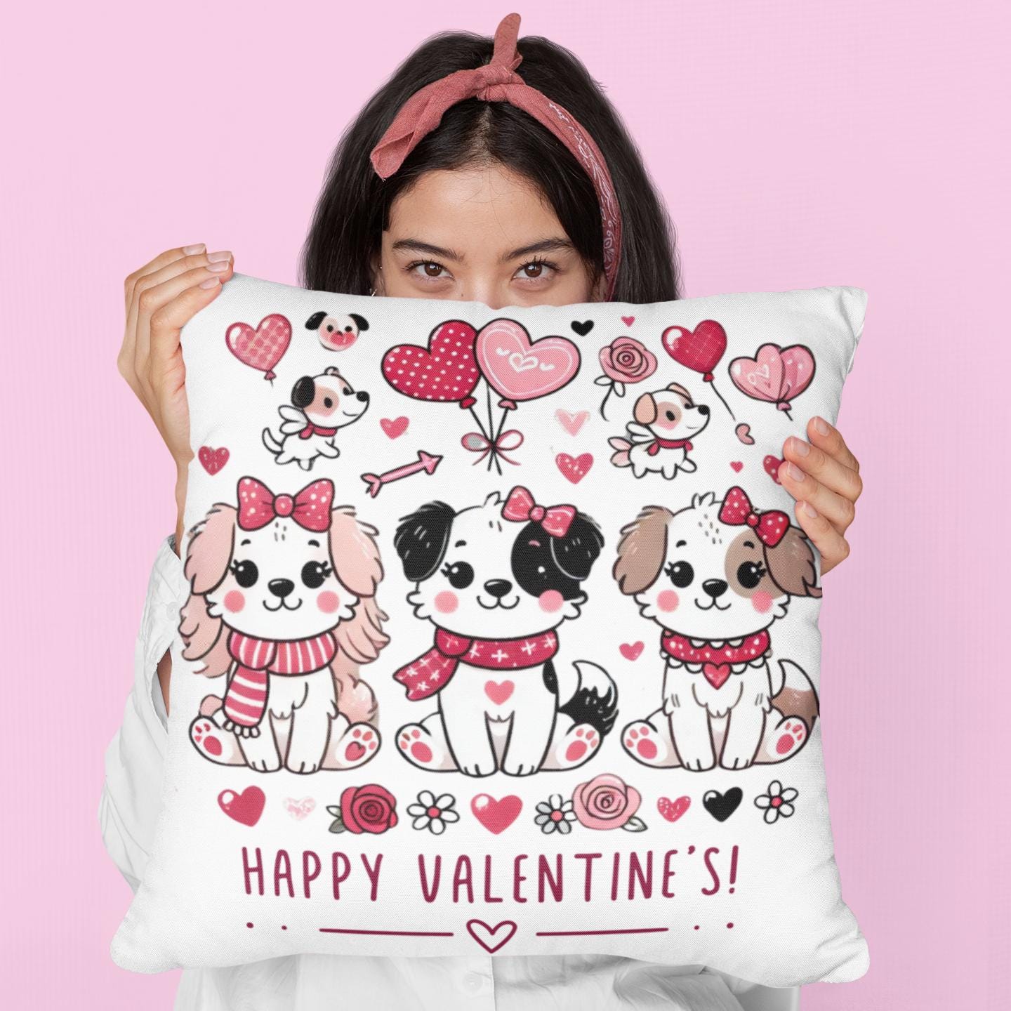 Happy Valentine's Day! A beautiful cushion with a cute pattern of puppies and hearts. decorative pillow, gift for couples, for her