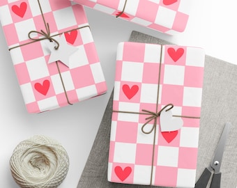 Romantic Wrapping Paper Pink Checkered Design with Red Hearts, Perfect for Romantic and Festive Gifts 30&quot; × 36&quot;, 30&quot; × 72&quot; and 30&quot; x 180&quot;